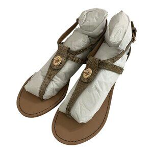 Women's Taupe Faux-Snakeskin T-Strap Sandals with Gold Accent